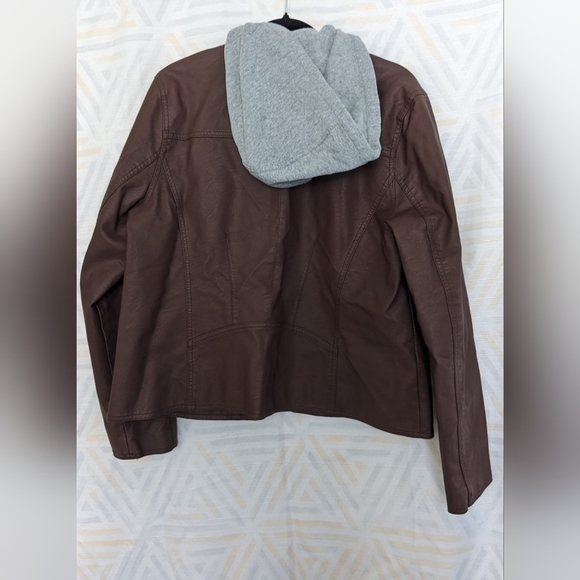 Alicia Ford Brown faux leather Moto  jacket with grey‎ Hoodie Size 1X Women - Picture 2 of 8